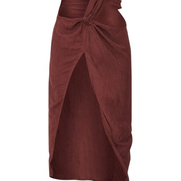 PrettyLittleThing Textured High Neck Cut Out Twist Midaxi Brown Midi Dress 10 - Picture 4 of 13